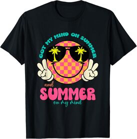 Groovy Happy Face Summer Vibes Got My Mind On Summer Teacher T-Shirt
